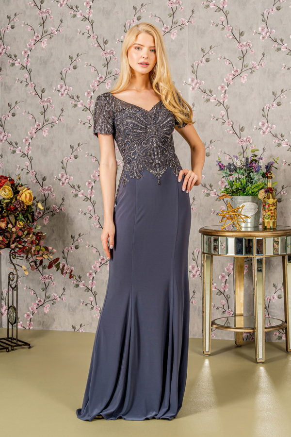 Embroidery Bead Sheer Back Rome Jersey Mermaid Long Dress