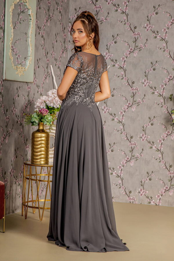 Bead Embroidery Sheer Neckline Chiffon A-line Long Dress