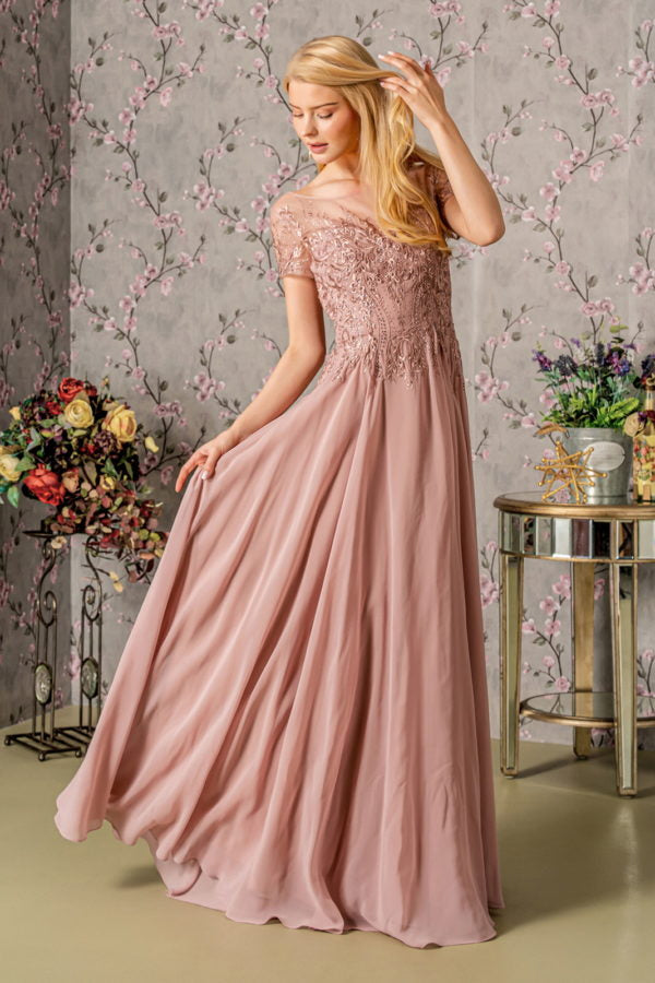 Bead Embroidery Sheer Neckline Chiffon A-line Long Dress