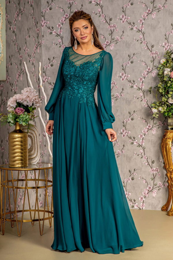 Floral Embroidery Sheer Boat Neckline Chiffon A-line Long Dress