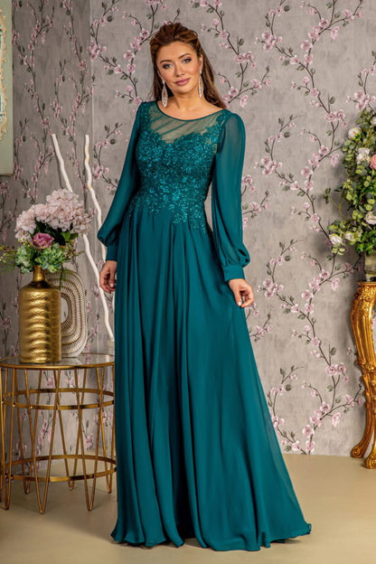 Floral Embroidery Sheer Boat Neckline Chiffon A-line Long Dress