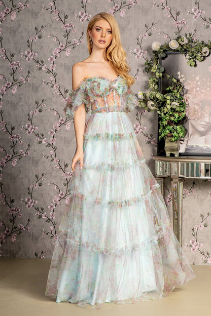 Sweetheart Off Shoulder Ruffle Mesh A-line Long Dress