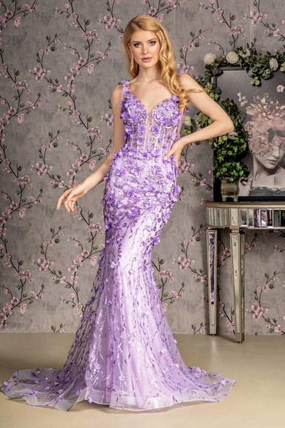 Jewel Glitter Sheer Bodice Mesh Mermaid Long Dress