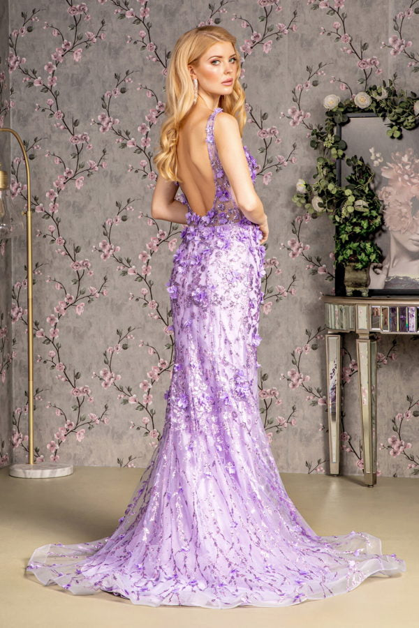 Jewel Glitter Sheer Bodice Mesh Mermaid Long Dress