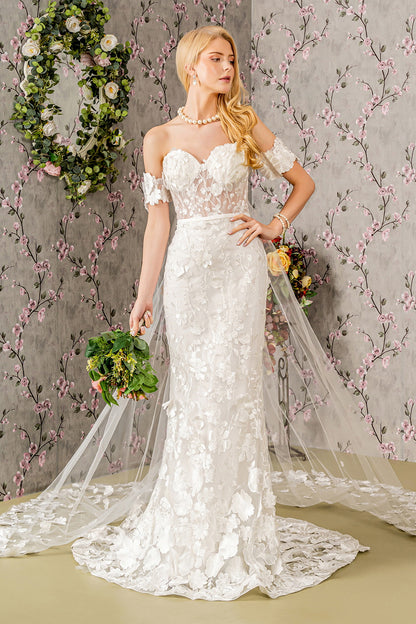 Floral Embroidery Mesh Mermaid Wedding Gown w/ Long Back Drape