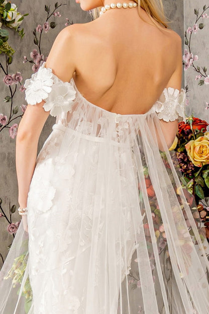 Floral Embroidery Mesh Mermaid Wedding Gown w/ Long Back Drape