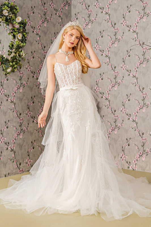 Embroidery Bead Mesh Mermaid Wedding Gown w/ Mesh Long Cape