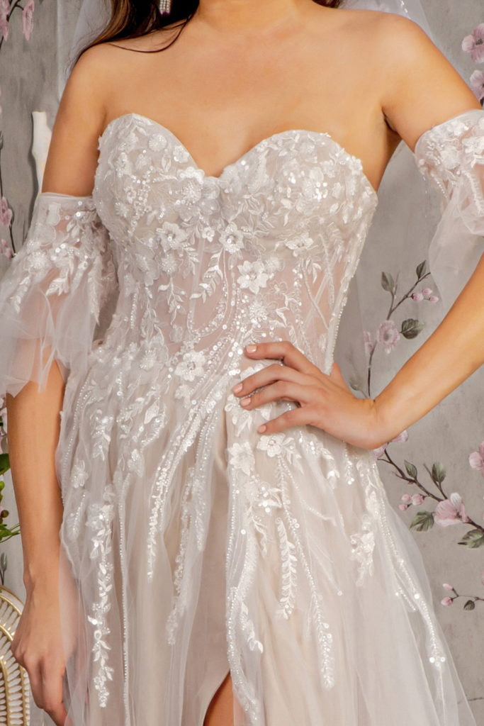 Sheer Bodice Mesh A-line Wedding Gown w/ Detachable Short Sleeves