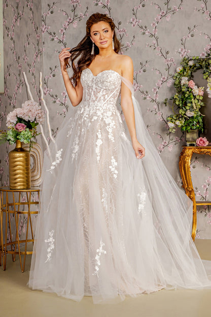 Floral Embroidery Mesh A-line Wedding Gown w/ Long Side Drapes