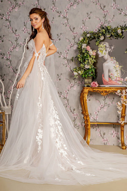 Floral Embroidery Mesh A-line Wedding Gown w/ Long Side Drapes