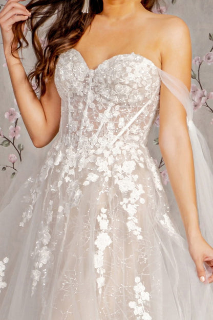 Floral Embroidery Mesh A-line Wedding Gown w/ Long Side Drapes