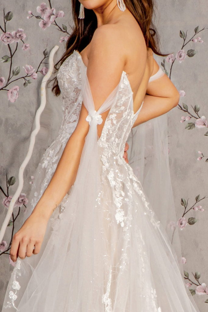 Floral Embroidery Mesh A-line Wedding Gown w/ Long Side Drapes