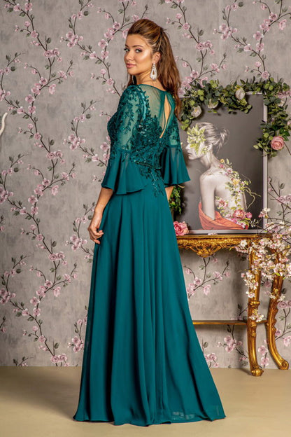 Floral Embroidery Bead Chiffon A-line Long Dress w/ Waist Band