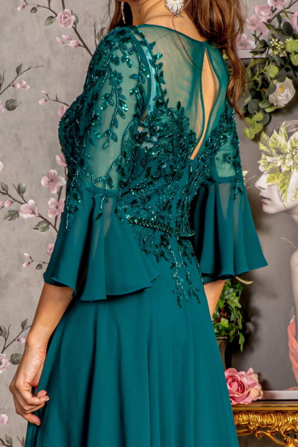 Floral Embroidery Bead Chiffon A-line Long Dress w/ Waist Band