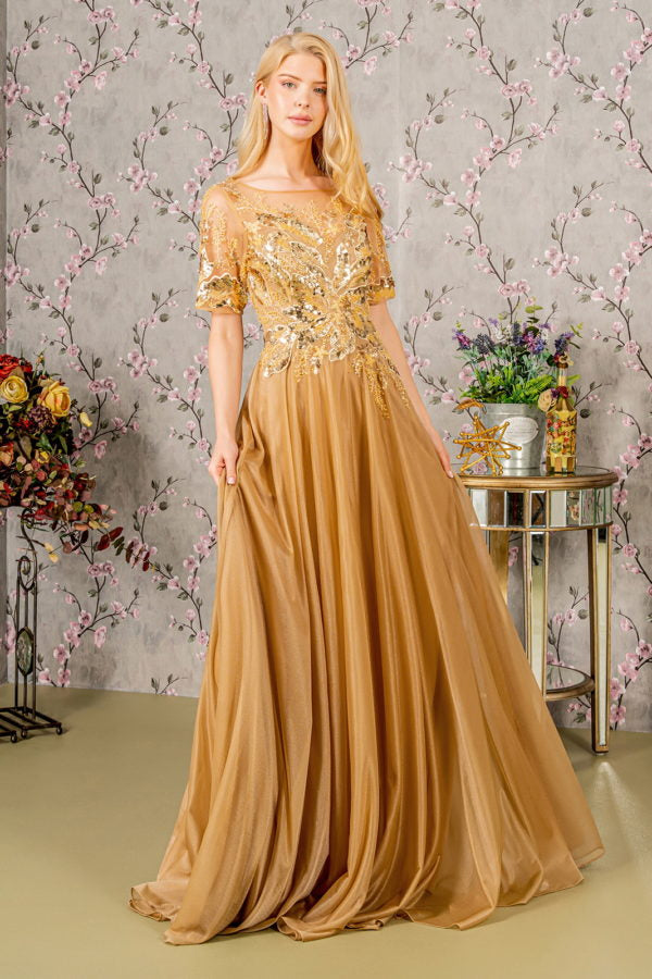 Metallic Embroidery Sheer Neckline Glitter Crepe A-line Long Dress