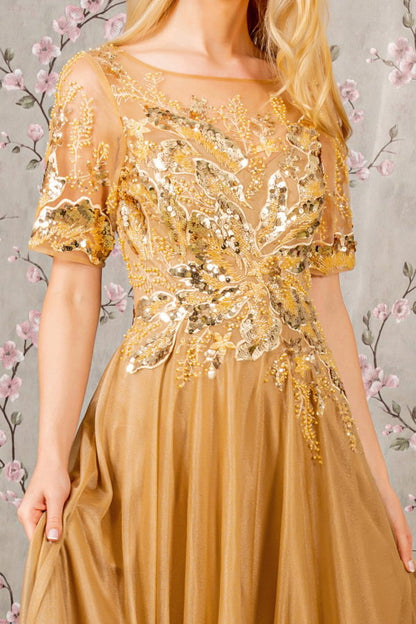 Metallic Embroidery Sheer Neckline Glitter Crepe A-line Long Dress