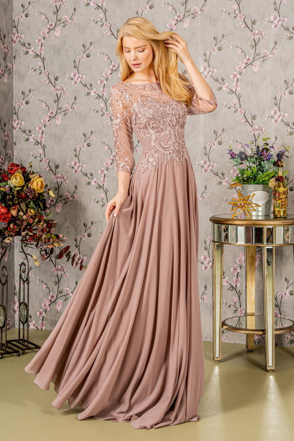 Metallic Sequin Sheer Neckline Chiffon A-line Long Dress