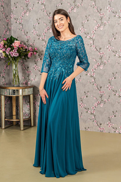 Bead Embroidery Sheer Neckline Chiffon Mermaid Long Dress