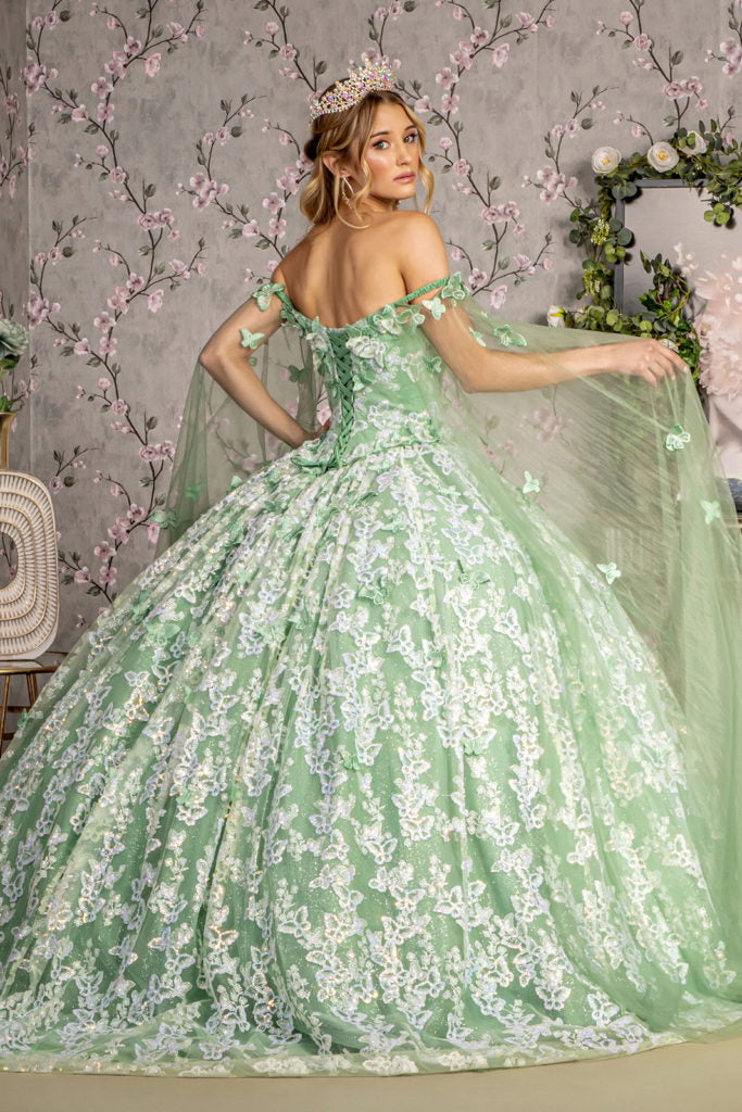 Jewel 3-D Butterfly Mesh Ball Gown w/ Long Sheer Sleeve Drapes