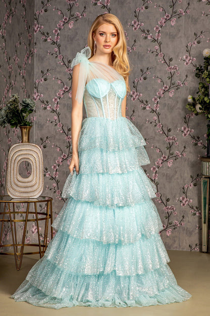 Glitter Sheer Bodice Ribbon Straps Ruffled Skirt Mesh A-line Long Dress