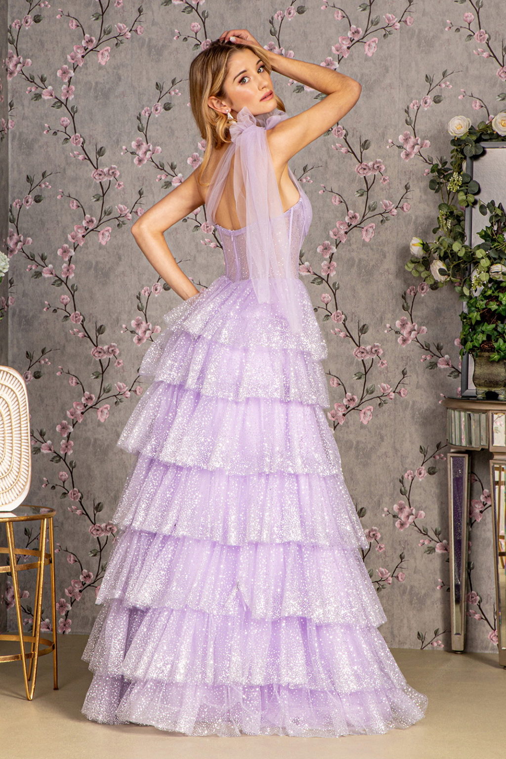 Glitter Sheer Bodice Ribbon Straps Ruffled Skirt Mesh A-line Long Dress