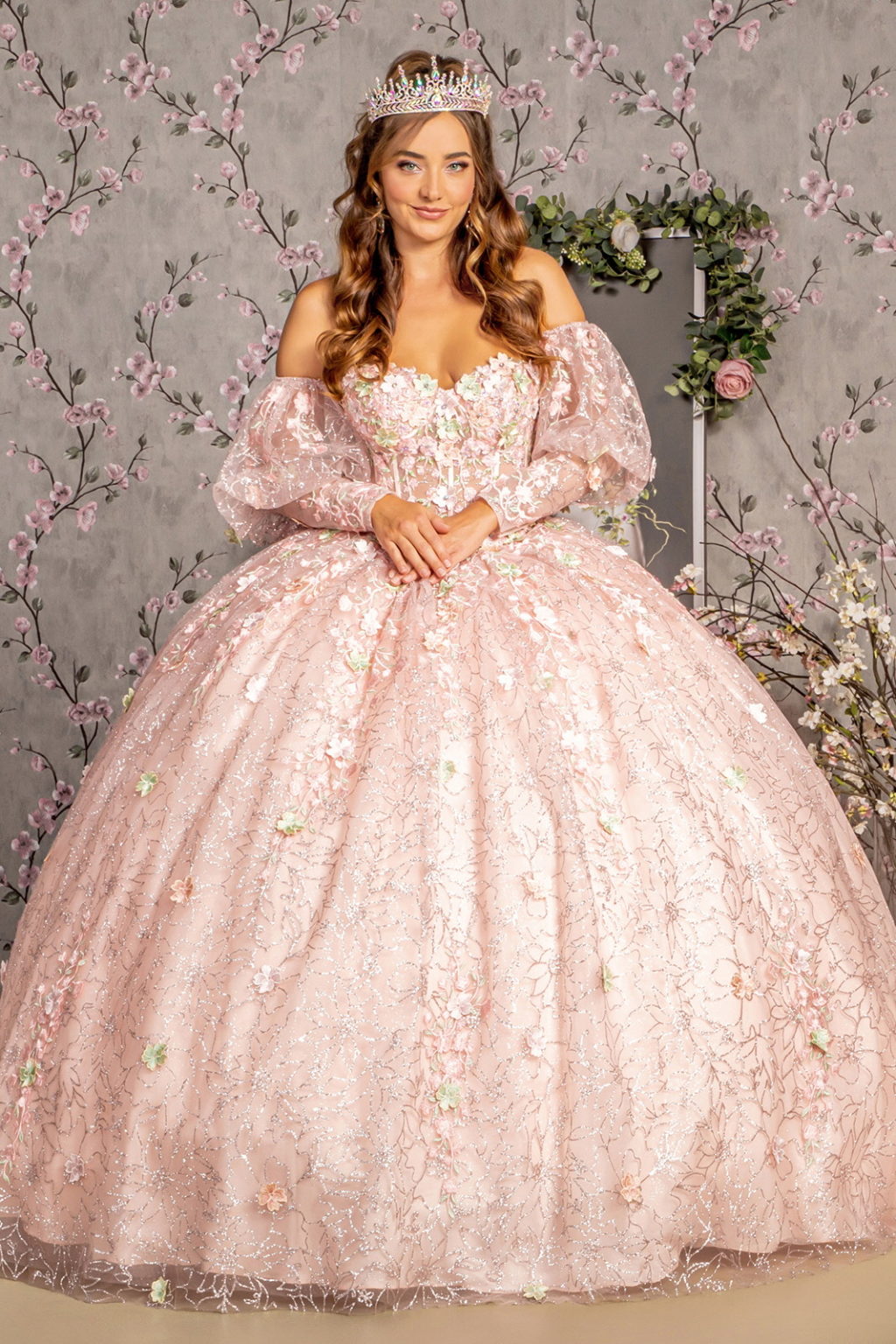 Detachable Big Ribbon Glitter Mesh Ball Gown w/ Long Puff Sleeves