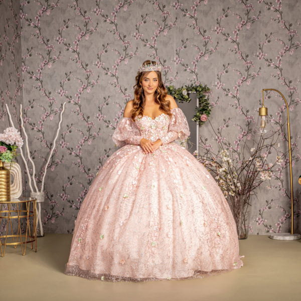 Detachable Big Ribbon Glitter Mesh Ball Gown w/ Long Puff Sleeves