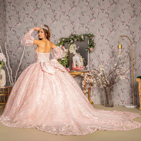 Detachable Big Ribbon Glitter Mesh Ball Gown w/ Long Puff Sleeves