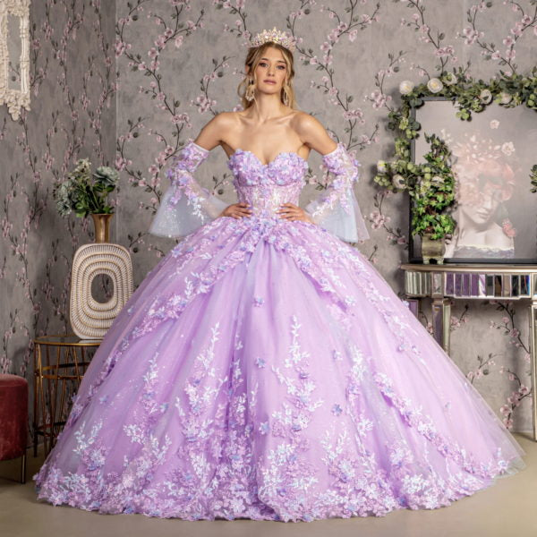 Jewel Sheer Bodice Mesh Ball Gown w/ Long Trumpet Sleeves