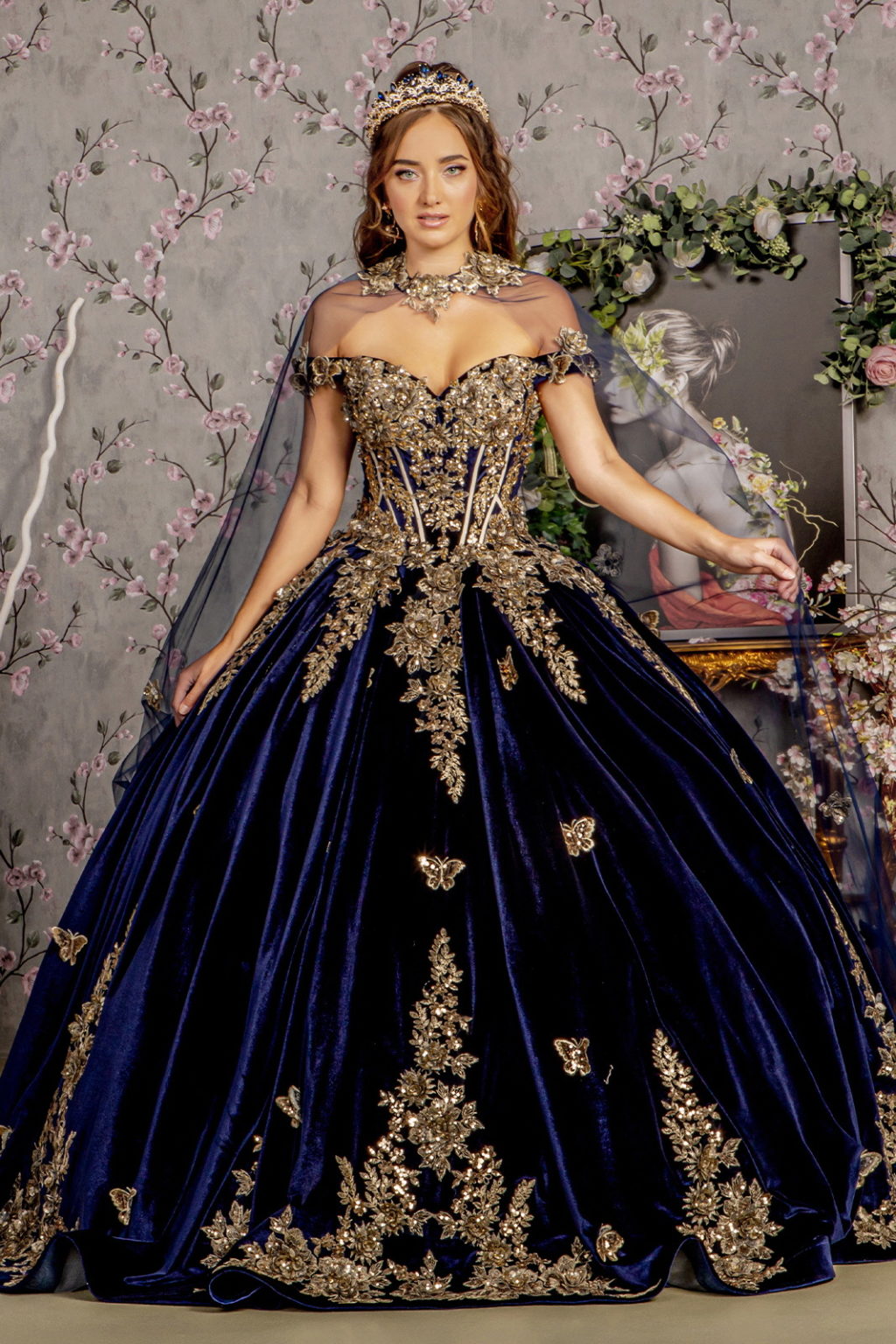 Metallic Embroidery Jewel Velvet Ball Gown w/ Long Mesh Cape