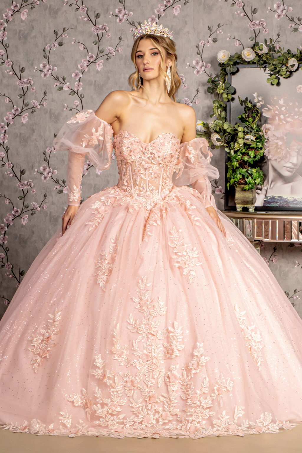 Glitter Embroidery Sheer Bodice Mesh Ball Gown w/ Long Puff Sleeves