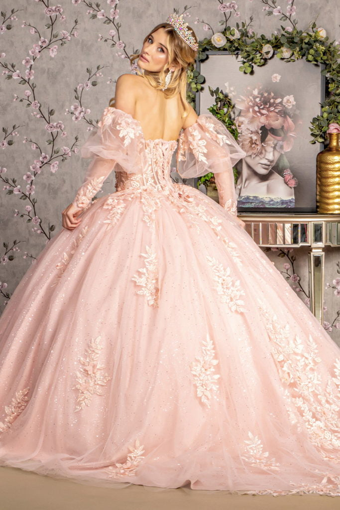 Glitter Embroidery Sheer Bodice Mesh Ball Gown w/ Long Puff Sleeves