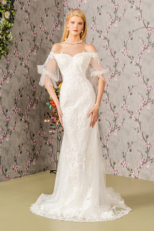 Floral Embroidery Bead Sheer Sleeves Mesh Mermaid Wedding Gown