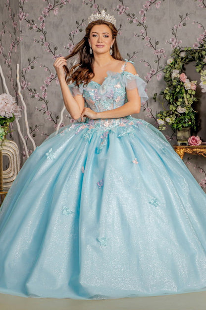 3-D Butterfly Jewel Glitter Ruffled Sweetheart Mesh Ball Gown