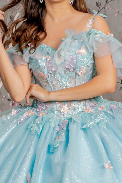 3-D Butterfly Jewel Glitter Ruffled Sweetheart Mesh Ball Gown