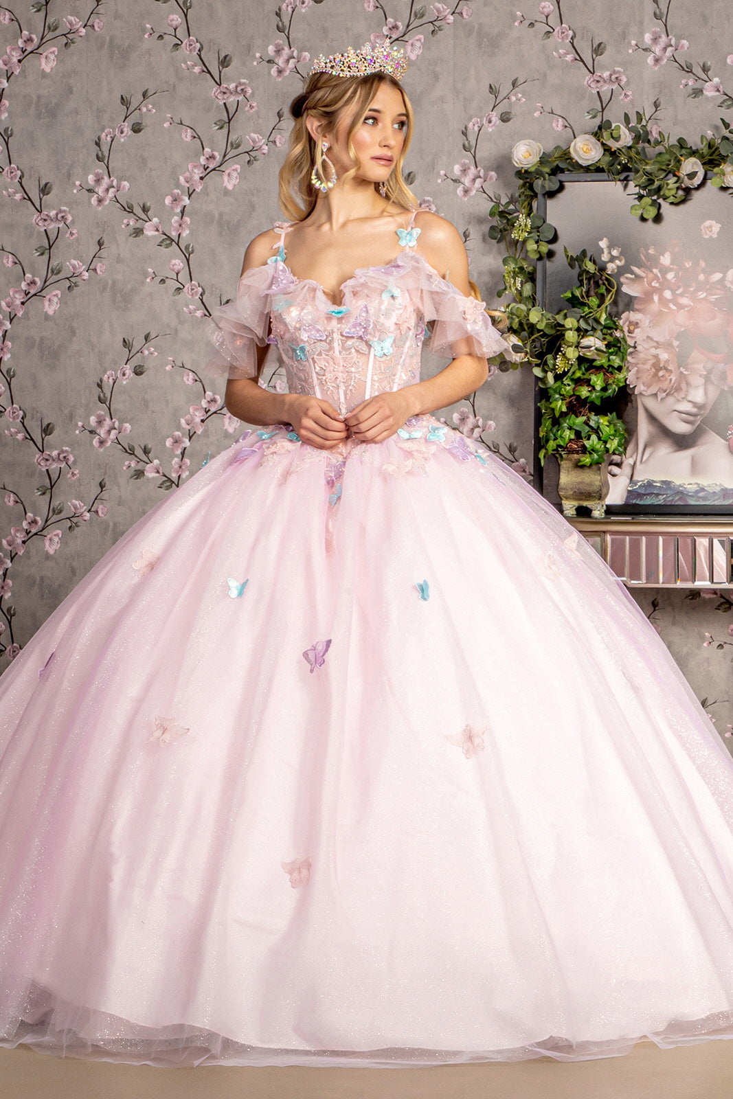 3-D Butterfly Jewel Glitter Ruffled Sweetheart Mesh Ball Gown