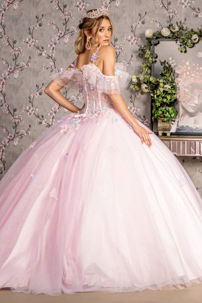 3-D Butterfly Jewel Glitter Ruffled Sweetheart Mesh Ball Gown