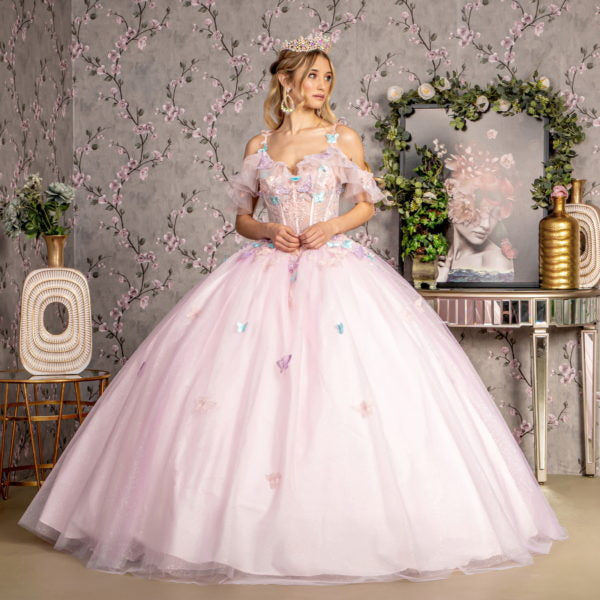 3-D Butterfly Jewel Glitter Ruffled Sweetheart Mesh Ball Gown