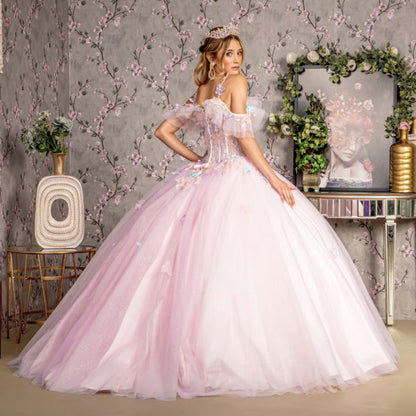 3-D Butterfly Jewel Glitter Ruffled Sweetheart Mesh Ball Gown