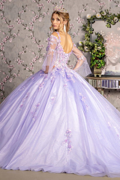 Jewel Glitter Sequin Sweetheart Mesh Ball Gown w/ Long Sleeves