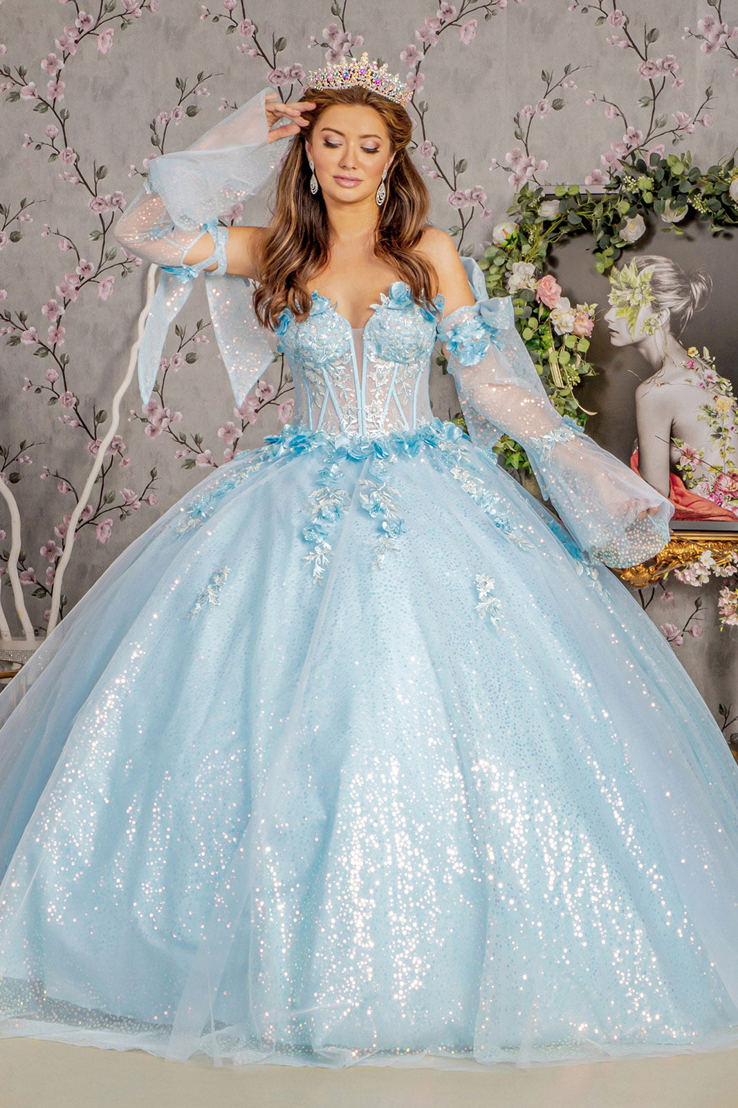 3-D Flower Jewel Sheer Bodice Mesh Ball Gown w/ Long Sleeves