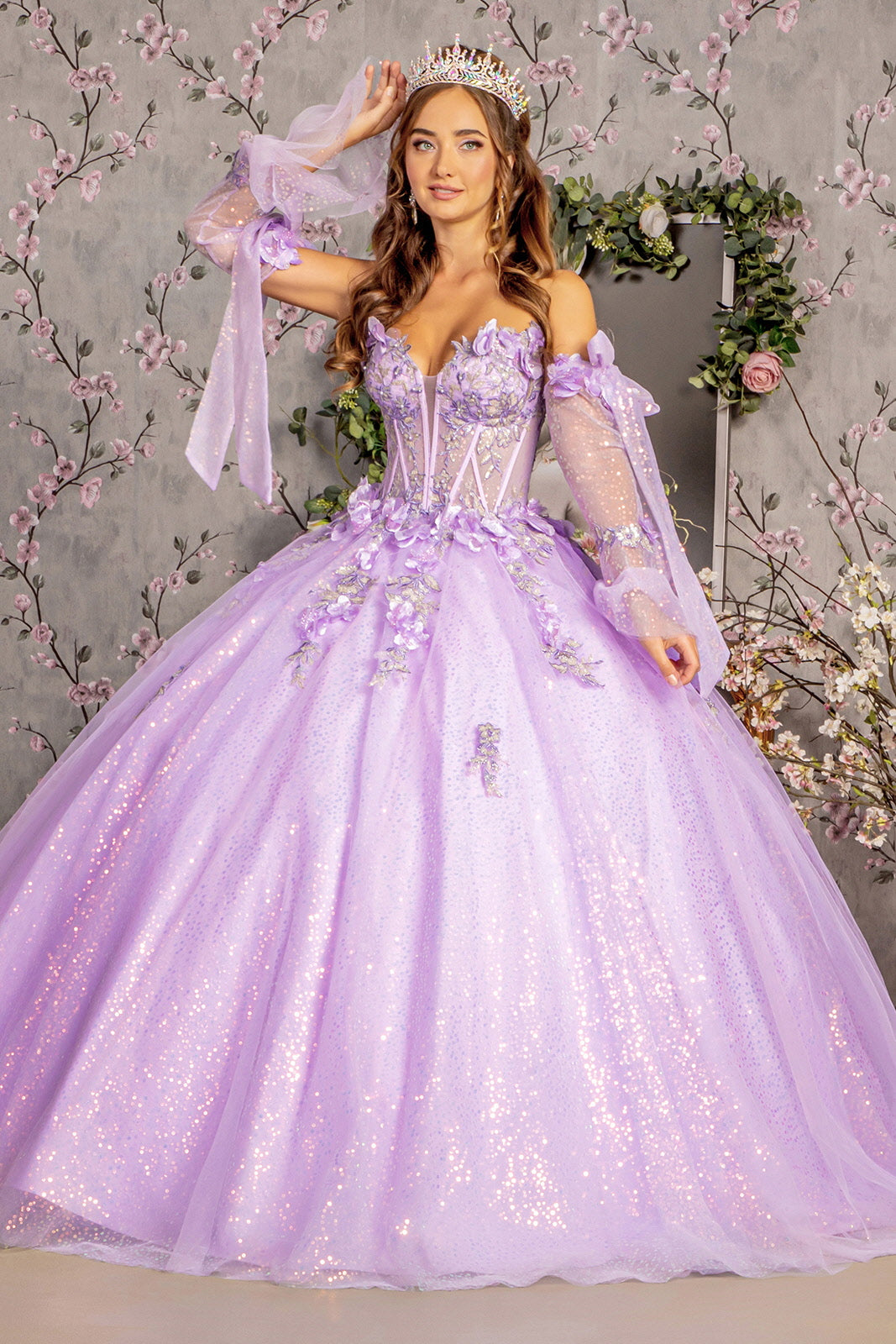 3-D Flower Jewel Sheer Bodice Mesh Ball Gown w/ Long Sleeves