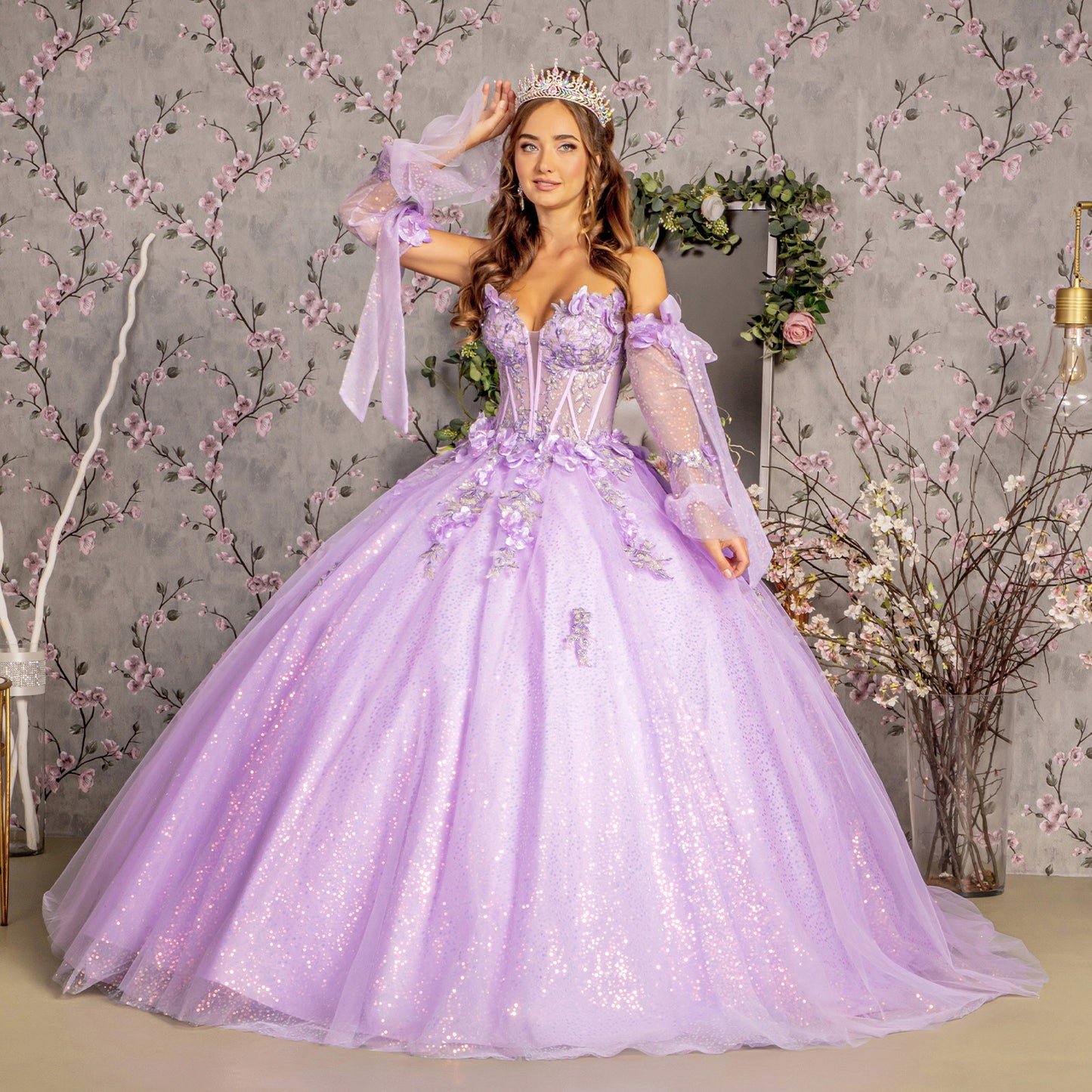 3-D Flower Jewel Sheer Bodice Mesh Ball Gown w/ Long Sleeves