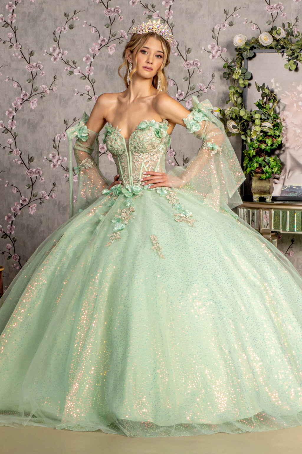 3-D Flower Jewel Sheer Bodice Mesh Ball Gown w/ Long Sleeves