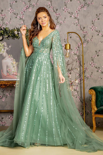 Bead Sequin Mesh A-line Long Dress w/ Side Cape Long Sleeves