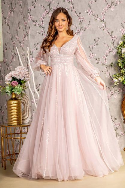 Bead Sequin Mesh A-line Long Dress w/ Sheer Puff Sleeves