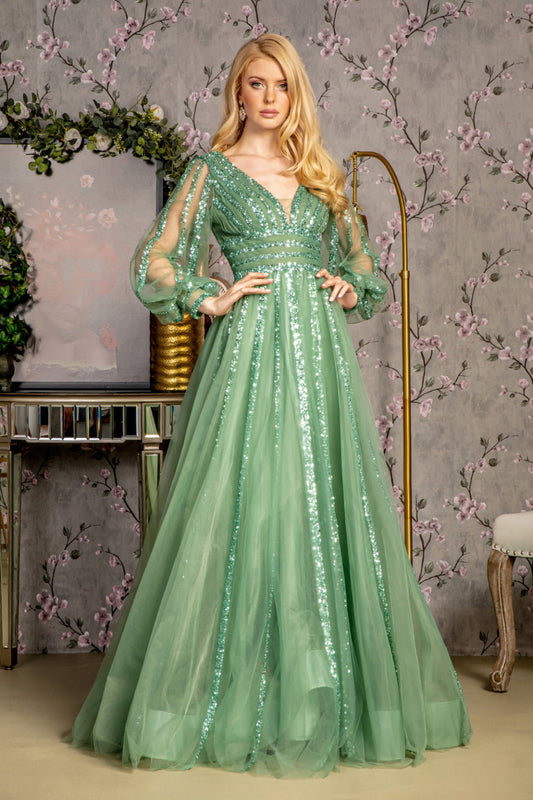 Bead Sequin Mesh A-line Long Dress w/ Sheer Puff Sleeves