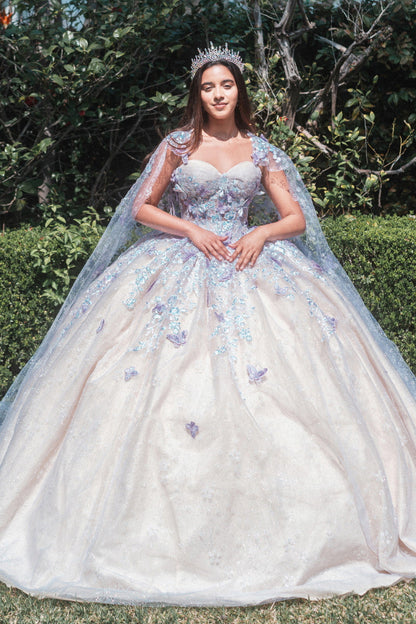 Floral Glitter Pattern 3-D Butterfly Applique Mesh Quinceanera Dress w/ Detachable Mesh Cape