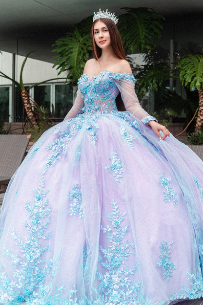 3D Floral Applique Embellished Cut-Away Shoulder Quinceanera Dress w/ Long Mesh Sleeve