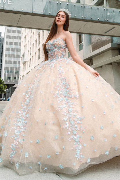 Beads Embellished Glitter Print Sweetheart Quinceanera Dress w/ detachable puff sleeve